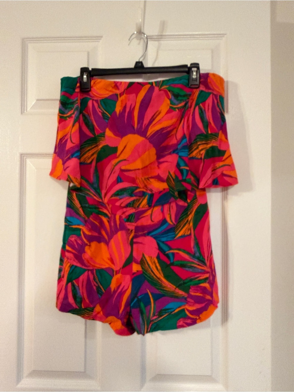 Sugarlips Bright Pink Orange Tropical Off-Shoulder Romper